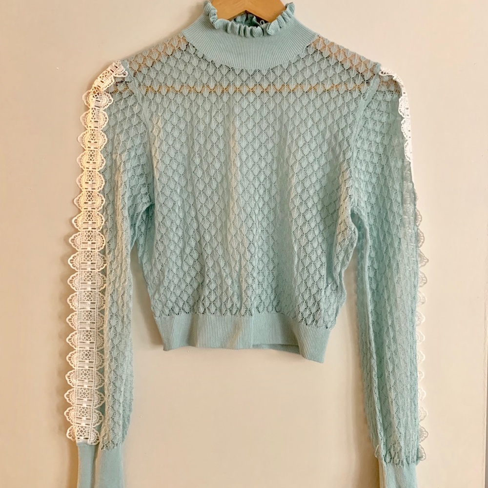 ZARA Turquoise Turtleneck Lace Sweater